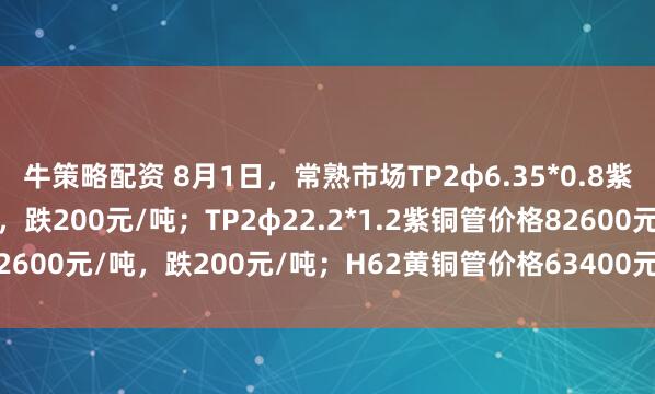 牛策略配资 8月1日，常熟市场TP2φ6.35*0.8紫铜管价格81600元/吨，跌200元/吨；TP2φ22.2*1.2紫铜管价格82600元/吨，跌200元/吨；H62黄铜管价格63400元/吨，跌200元/吨。
